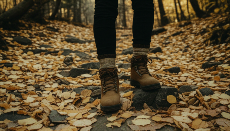 Autumn forest trail with golden leaves, hiker's wool socks and boots on rocky path