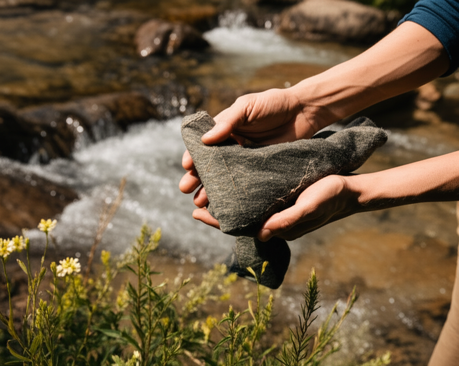 Hands holding recycled fiber textile near a mountain stream with wildflowers