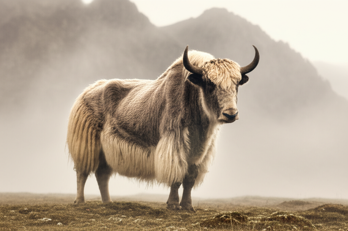 Yak standing on misty highland plateau at sunrise