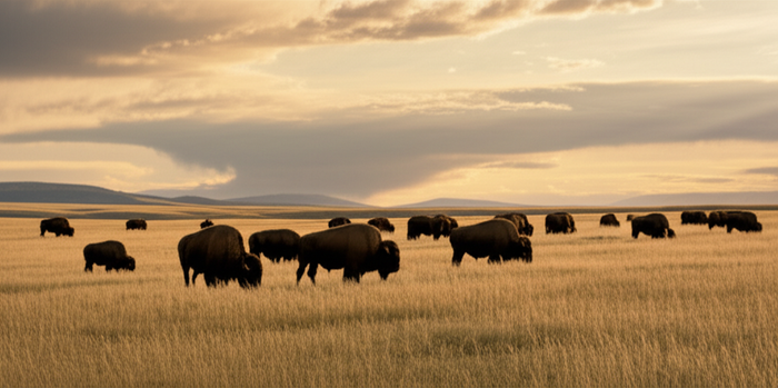 American bison herd grazing on prairie at golden hour