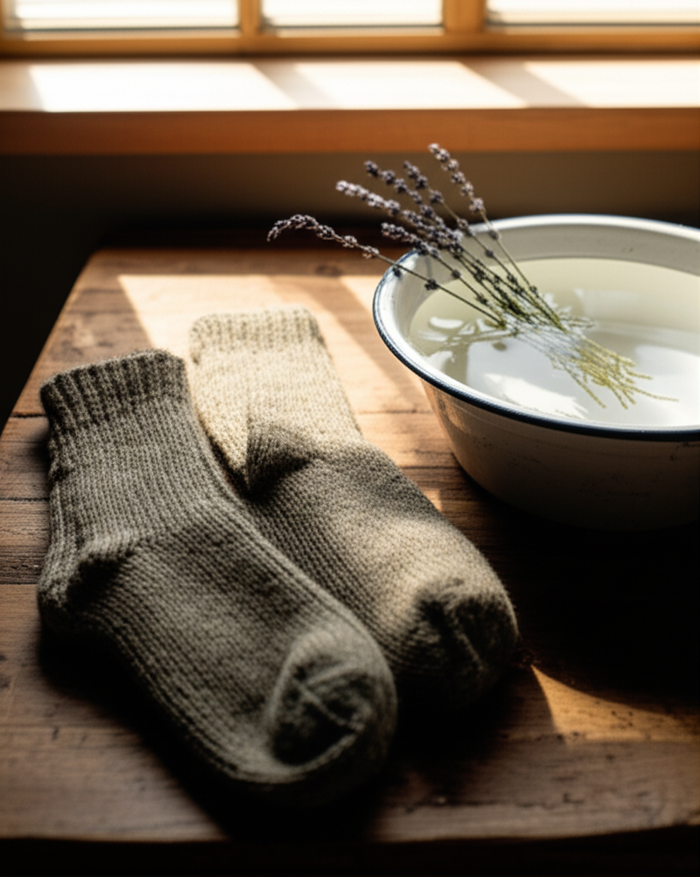 Wool socks on rustic table next to basin of water and lavender