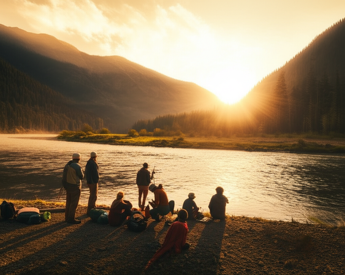 Sunrise over mountain river valley with community gathered along riverbank