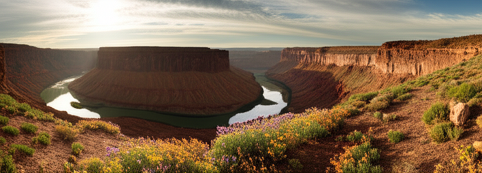 Panoramic view of American public lands canyon with river at golden hour