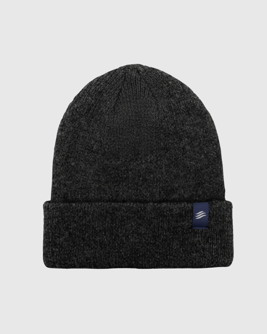 Heather Gray Classic Yak Beanie (Front): Dark charcoal knit beanie with folded cuff and small navy label