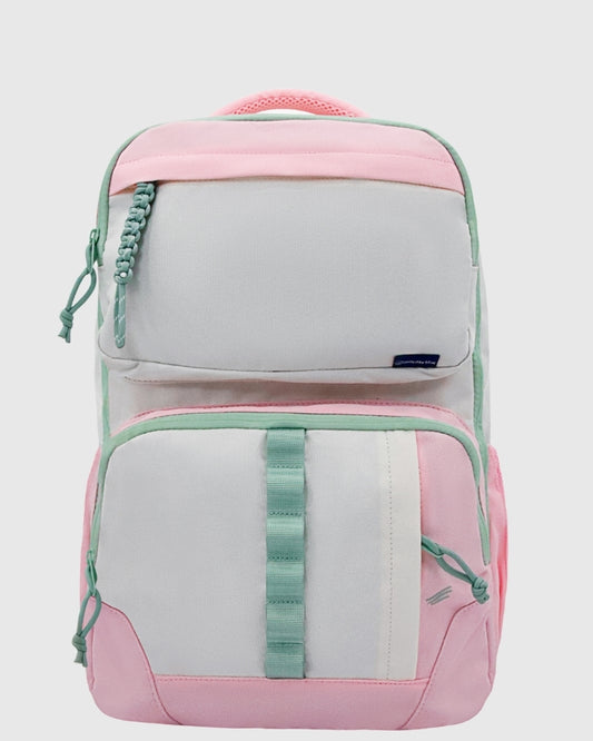 Light Pink (R)evolution™ 25L Transit Pack (Front): Pink and light gray backpack with mint green zipper trim and straps