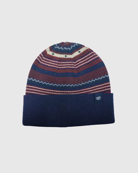 Navy Multi Merino Wool Modern Fair Isle Knit Beanie (Front): Navy cuffed beanie with multicolor Fair Isle stripe pattern on upper half