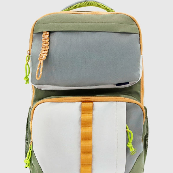 Olive (R)evolution™ 25L Transit Pack (Front): Olive, grey, and white backpack with orange straps and neon green zipper pulls