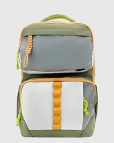 Olive (R)evolution™ 25L Transit Pack (Front): Olive, gray, and white backpack with orange straps and neon green zipper pulls