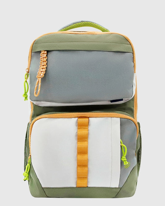 Olive (R)evolution™ 25L Transit Pack (Front): Olive, gray, and white backpack with orange straps and neon green zipper pulls