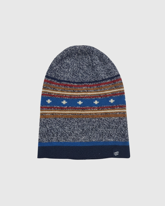 Navy Merino Wool Slouchy Modern Fair Isle Beanie (Flat-lay): Marled navy knit beanie with Fair Isle stripes in red, tan, and blue