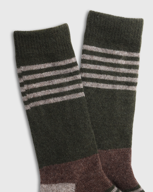 Brown Yak Wool - Ultimate Full Cushion Boot Sock (Detail): Dark olive green knit socks with grey horizontal stripes and brown toe section