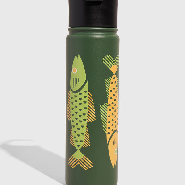 Pine - Fish Bottle - 22 Oz. Insulated Stainless Steel (Front): Dark green insulated bottle with geometric fish print and black flip-top lid