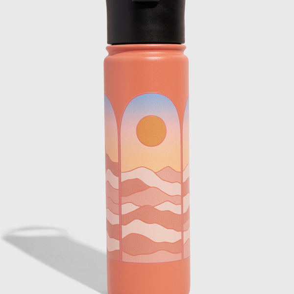 Sherbet - Sunrise Bottle - 22 Oz. Insulated Stainless Steel (Front): Coral insulated bottle with sunset arch and wave landscape graphic, black lid
