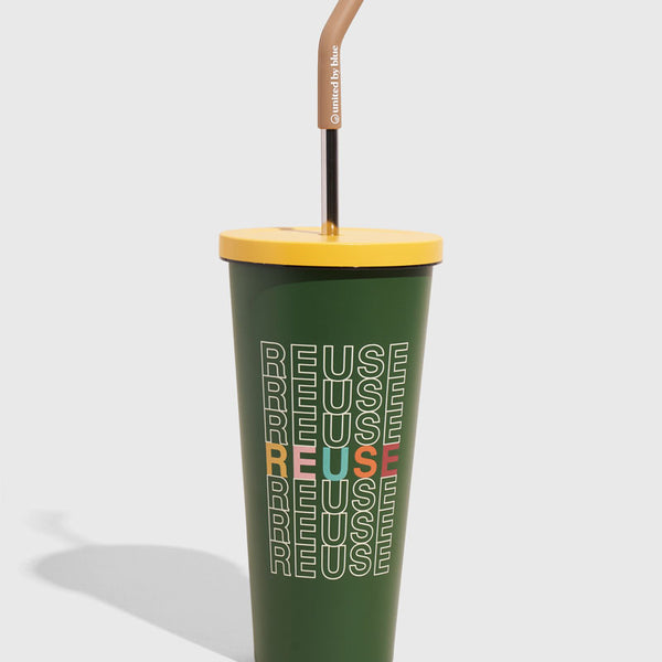 Pine - REUSE 24 oz Insulated Steel Straw Tumbler (Front): Dark green tumbler with repeated REUSE text, yellow lid, metal straw