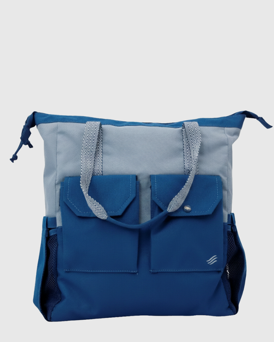 Blue (R)evolution™ 27L Utility Convertible Tote (Front): Two-tone tote with gray top, navy bottom, dual front pockets, woven handles