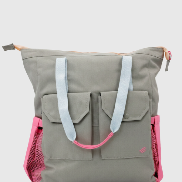 Lt Gray (R)evolution™ 27L Utility Convertible Tote (Front): light gray convertible tote with pink interior accents