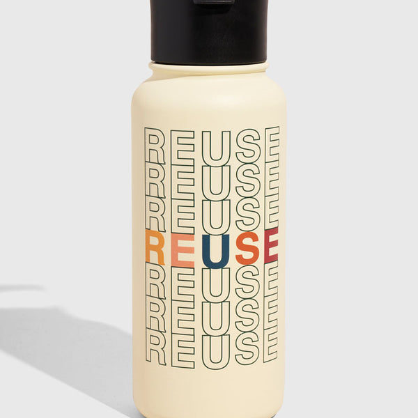 Eggshell - Reuse Bottle - 23 Oz. Insulated Stainless Steel (Front): Cream insulated bottle with black lid; repeating 'REUSE' text print in multicolor