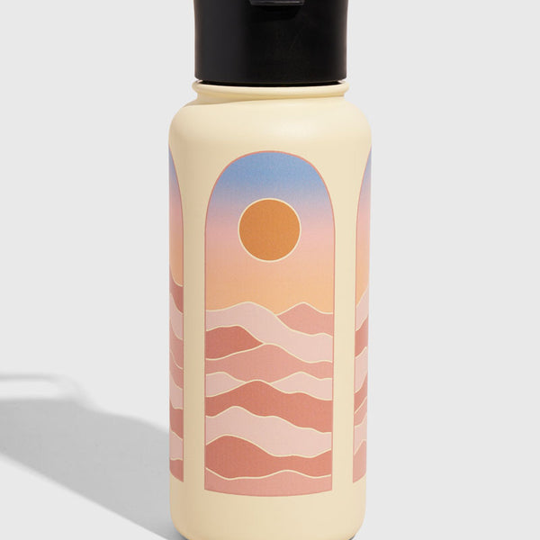 Eggshell - Sunrise Bottle - 23 Oz. Insulated Stainless Steel (Front): Cream insulated bottle with black flip lid and retro sunset arch graphic