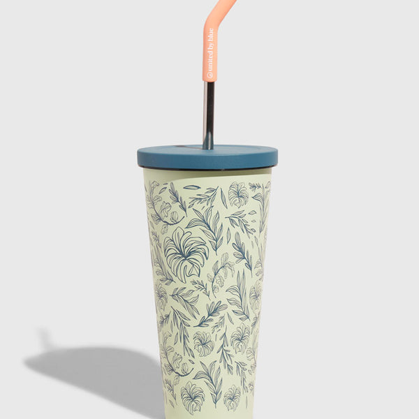 Seafoam 24 oz Insulated Steel Straw Tumbler (Front): Light green tumbler with blue botanical print, teal lid, peach straw