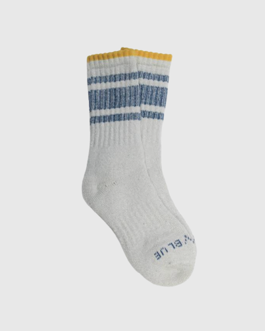 Teal The Hemp Yarn Varsity Hiker Full Cushion Boot Sock (Angle): Light grey ribbed sock with blue stripes and mustard yellow cuff