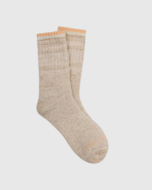 Camel The Hemp Yarn Varsity Hiker Full Cushion Boot Sock (Angle): Pair of heathered tan crew socks with orange striped cuff trim