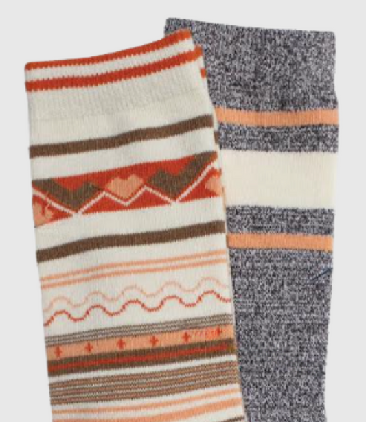 M/L The Soft Hemp Aztec Crew Sock - 2 Pack (Detail): Two socks: cream Aztec print with orange and brown, gray marl with stripes