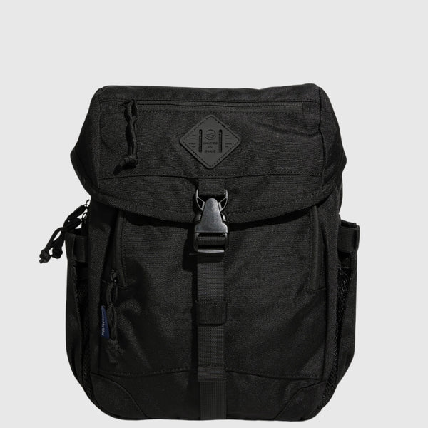 Black (R)evolution™ 9L Sidekick (Front): Black nylon pack with flap closure, buckle strap, and side mesh pocket