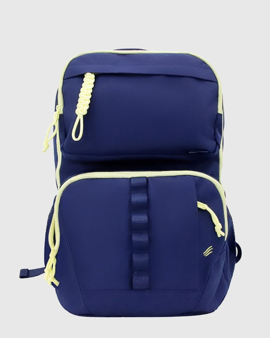 Blue (R)evolution™ 25L Transit Pack (Front): Navy blue backpack with neon yellow trim, braided zipper pulls, and webbing strap