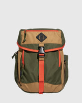 Olive (R)evolution™ 9L Sidekick (Front): Olive and tan backpack with orange zippers, buckle strap, mesh side pocket