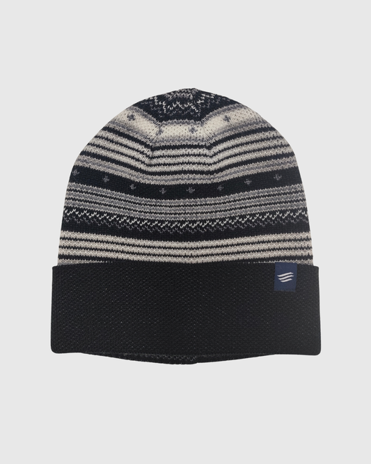 Black Multi Merino Wool Modern Fair Isle Knit Beanie (Front): Dark navy and cream Fair Isle striped knit beanie with folded cuff