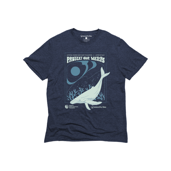 S NMSF x UBB Protect Our Waters - Biodegradable Graphic Tee - (All-gender) (Flat-lay): Navy heather tee with light blue whale and Protect Our Waters graphic