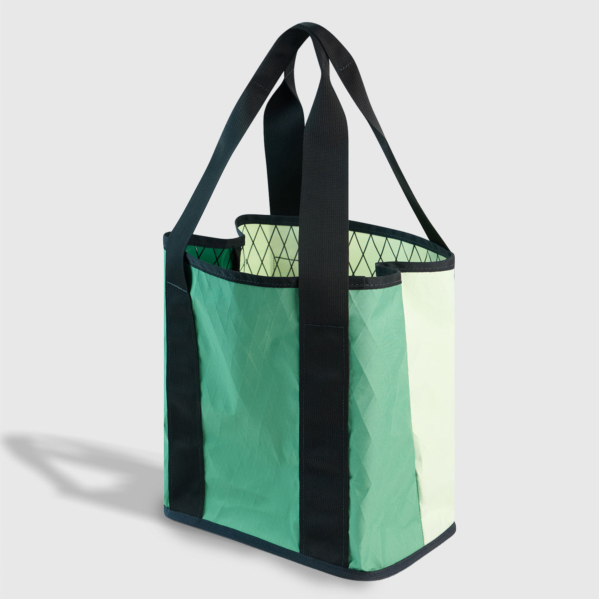 Evergreen The Westward Tote (Angle): Structured tote in mint and green panels, black straps and trim, open top