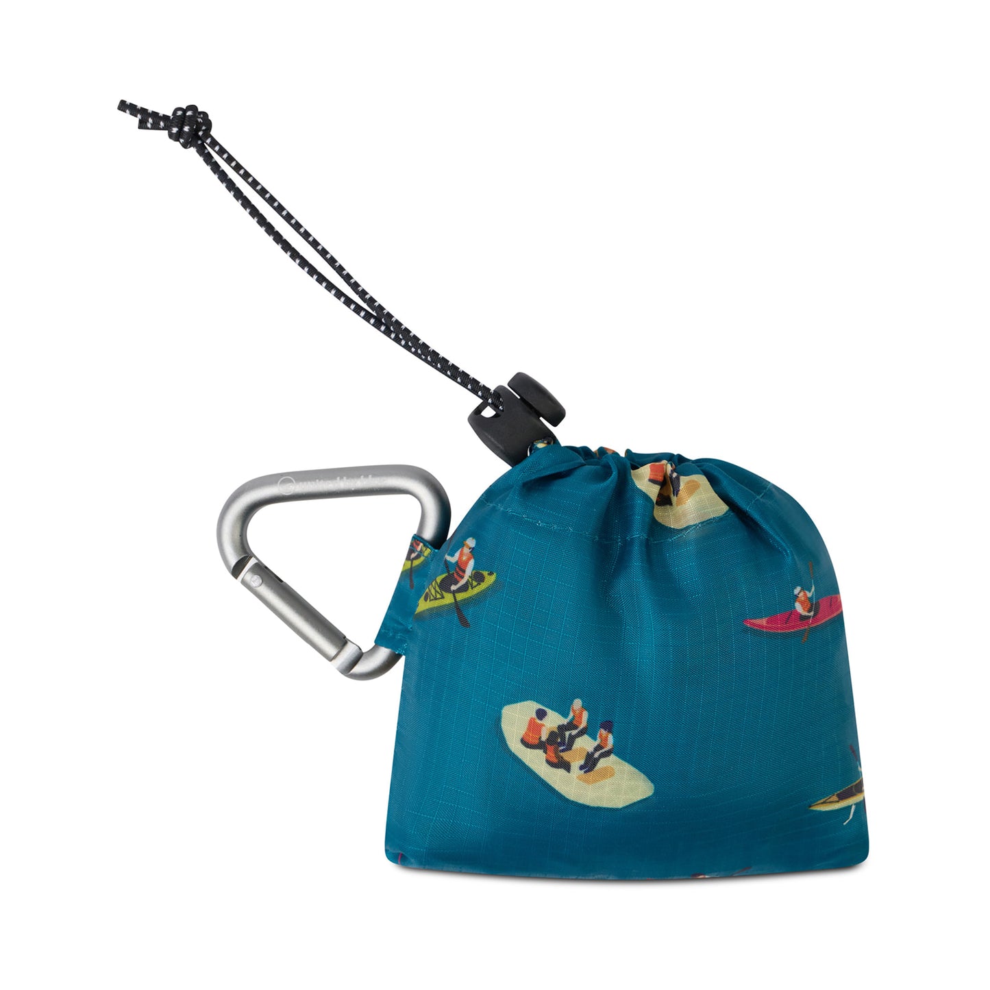 Teal The Packable Tote (Detail): Teal drawstring pouch with kayaking print, cord lock, and carabiner attached