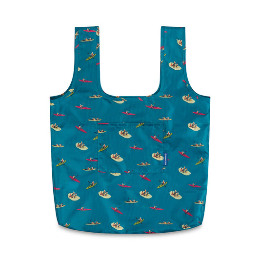 Teal The Packable Tote (Front): Teal tote with kayaking print, two straps, and front pocket