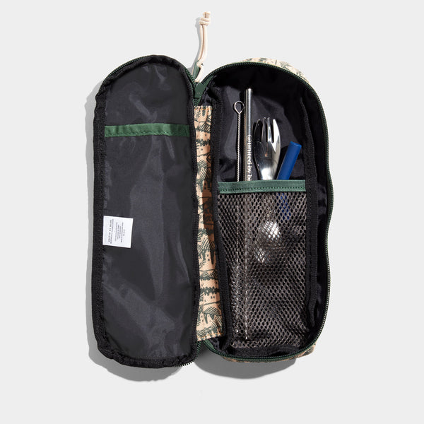 Cortado The Utensil Pack - Perfect for Packed Lunches (Detail): Open camo case revealing mesh pocket with utensils, straw, and fork