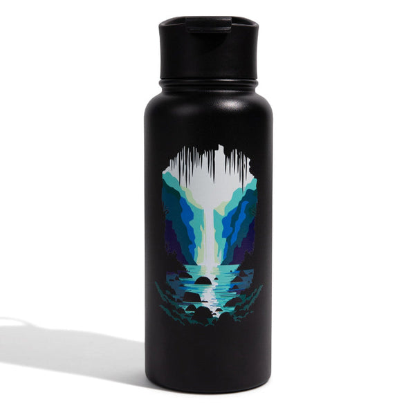 Rocky Waterfall Bottle - 23 Oz. Insulated Stainless Steel (Front): Matte black bottle with circular waterfall cave scene in blue tones