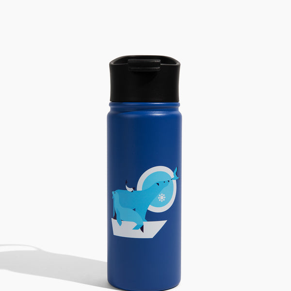Polar Bear - Navy Bottle - 18 Oz. Insulated Stainless Steel (Angle): Navy blue insulated bottle with black lid and arctic seal graphic