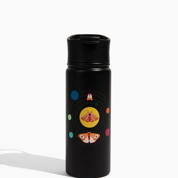 Butterfly Galaxy Bottle - 18 Oz. Insulated Stainless Steel (Angle): Matte black insulated bottle with moth solar system graphic and black lid
