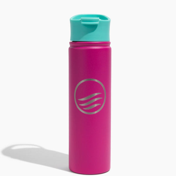 Neon Pink Bottle - 22 Oz. Insulated Stainless Steel (Front): Hot pink bottle with teal flip-top lid and silver wave logo