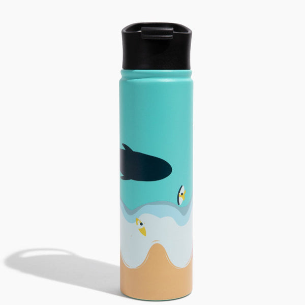 Beach Day Bottle - 22 Oz. Insulated Stainless Steel (Front): Teal insulated bottle with whale, fish, seagulls, waves, and sandy beach design