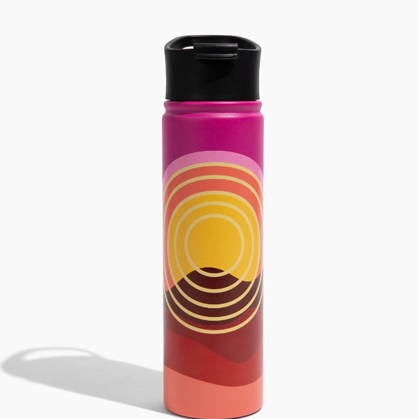 Sunset Mountain Bottle - 22 Oz. Insulated Stainless Steel (Front): Tall cylindrical bottle with retro concentric sun graphic in magenta, orange, yellow tones