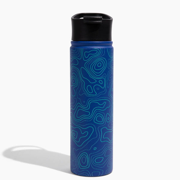 Topography Bottle - 22 Oz. Insulated Stainless Steel (Front): Dark blue bottle with teal topographic line pattern and black flip-top lid