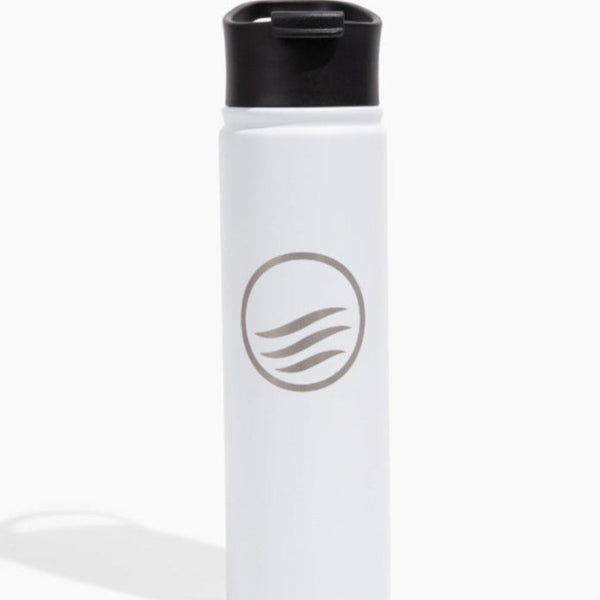 White Bottle - 22 Oz. Insulated Stainless Steel (Front): White cylindrical bottle with black flip-top lid and circular wave logo