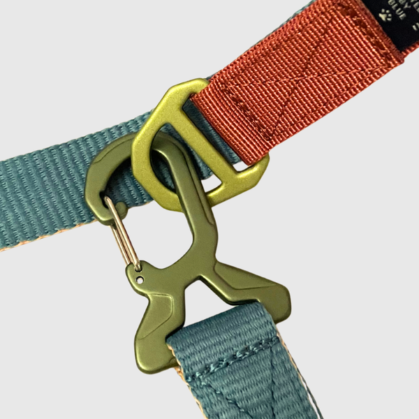 Terracotta (R)evolution™ Recycled Woven Dog Leash (Detail): Gold metal clip hook connecting teal and terracotta woven nylon straps