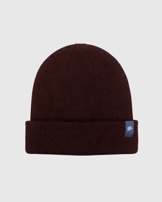 Burgundy Classic Yak Beanie (Front): Dark red knit beanie with folded cuff and small blue logo patch