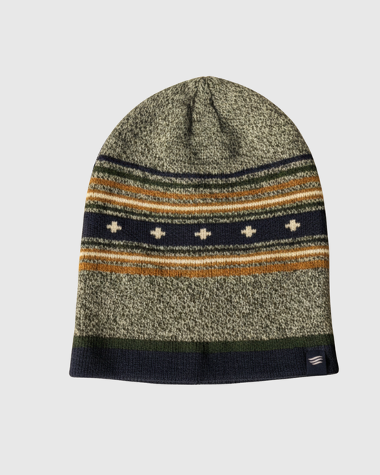 Teal Merino Wool Slouchy Modern Fair Isle Beanie (Flat-lay): Heathered olive beanie with navy stripe, cross motifs, and amber bands