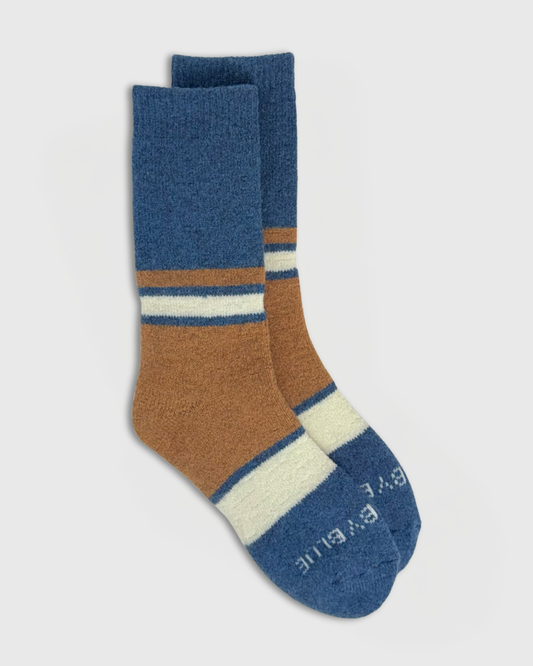 Blue Stripe Yak Wool - Ultimate Full Cushion Boot Sock (Angle): Crew socks with blue cuff, tan mid-section, cream and blue stripes at toe