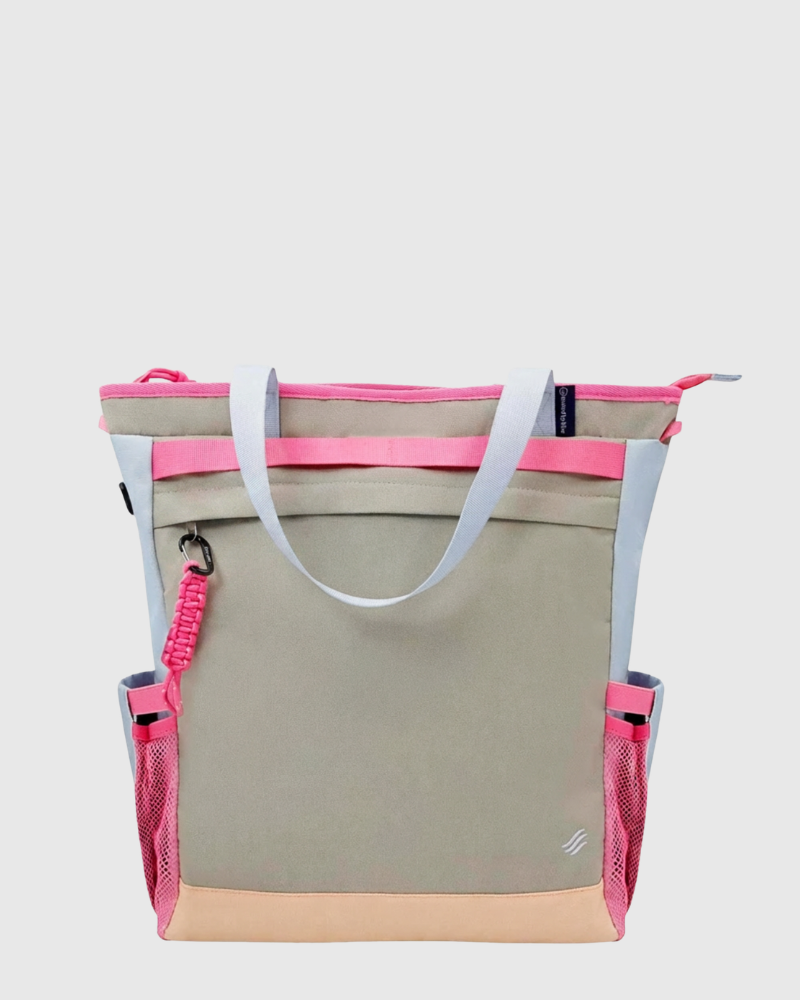 Gray Multi (R)evolution™ 25L Convertible Carryall (Front): Khaki tote with pink straps, light blue side panels, and mesh pockets