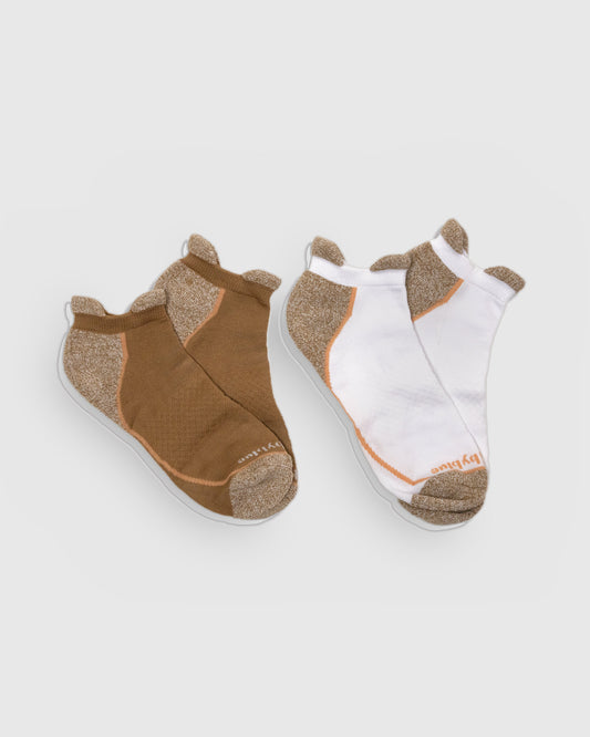 Tiger's Eye / White Rayon From Bamboo - Athletic Low Cut Sock - 2 Pack (Flat-lay): Two pairs of low-cut socks, one tan brown and one white