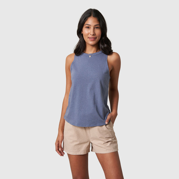 Stone Blue Women's SoftHemp™ High Neck Tank (Front): Slate blue sleeveless high-neck tank on a woman with beige shorts
